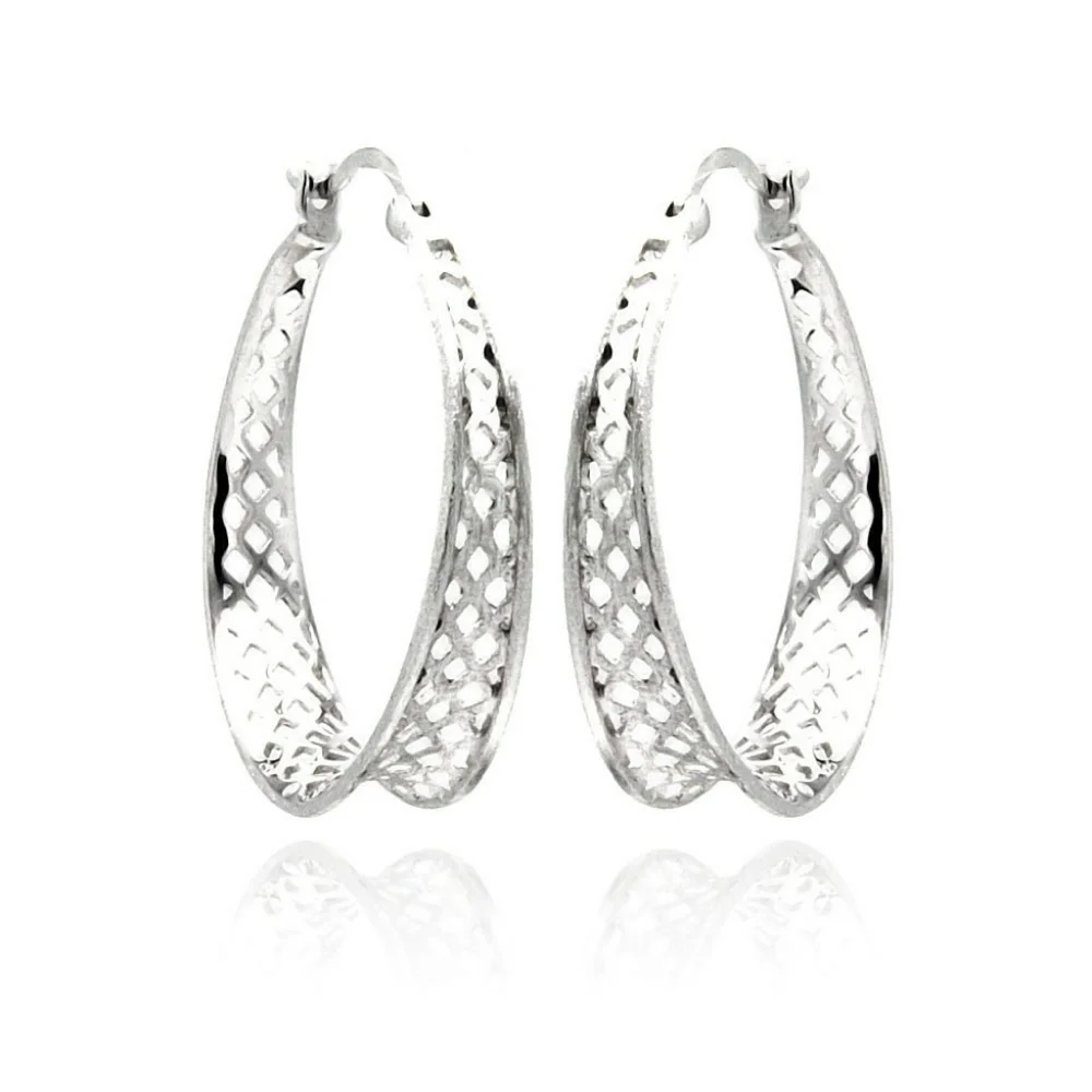 Sterling Silver 925 Rhodium Plated Diamond Cut Snap-On Hoop Earring